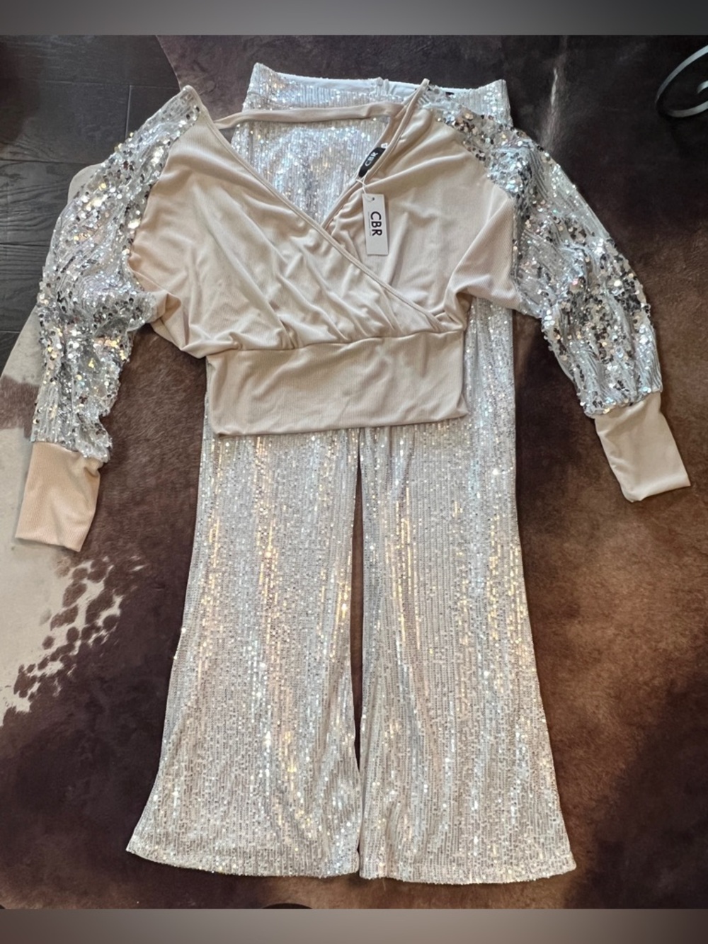 CBR Silver Sequin Pantsuit with Cream Wrap Top